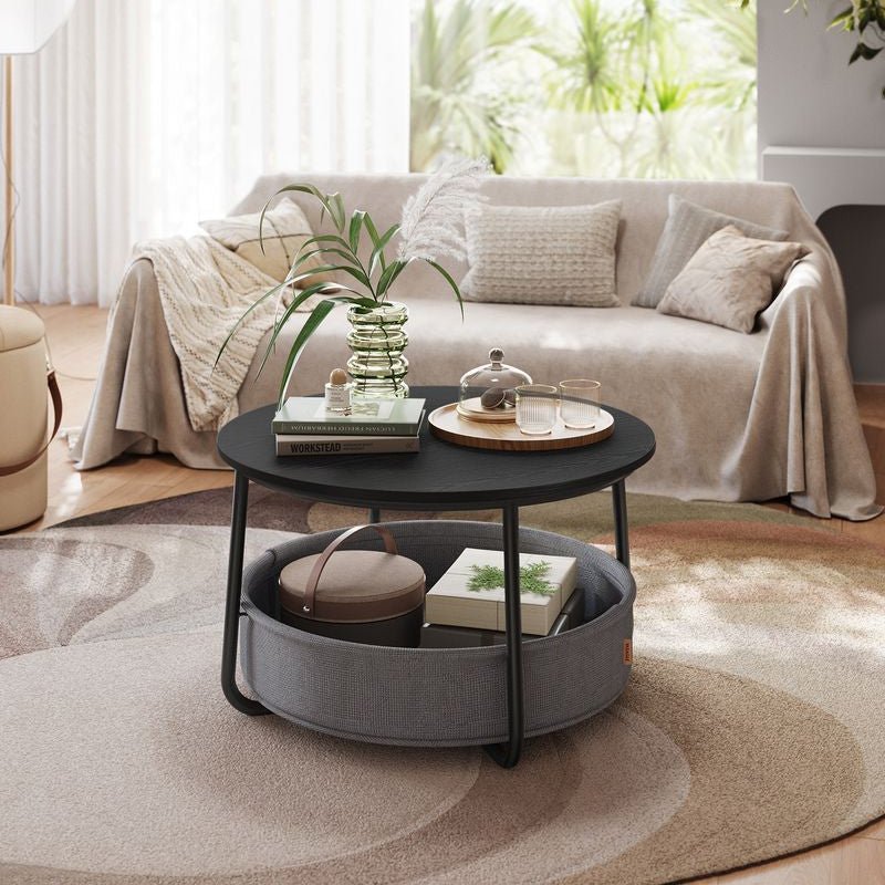 Ronde Salontafel 75 cm met Opbergmand – Stoffen Mand 59 L – Modern met Stalen Poten – voor Woonkamer