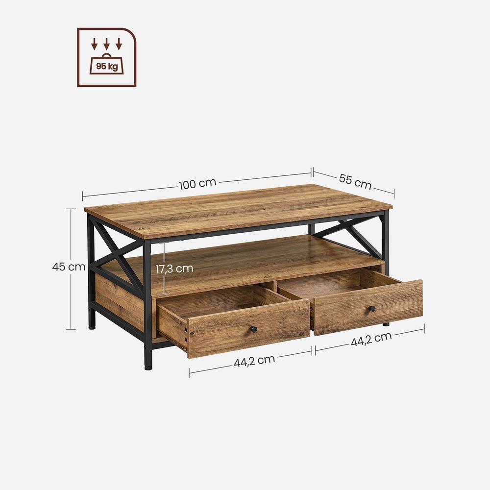 Salontafel met 2 Laden - Verstelbare Poten - 100 cm Breed
