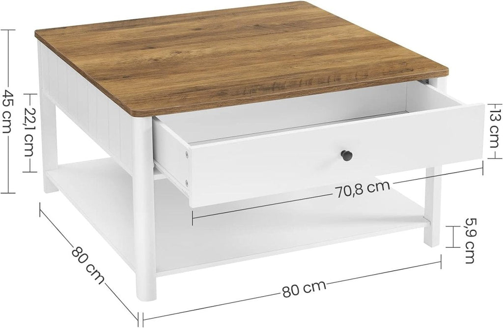 Salontafel met Lade - Bruin tafelblad - Wit onderstel - Koffietafel - 80 x 80 cm