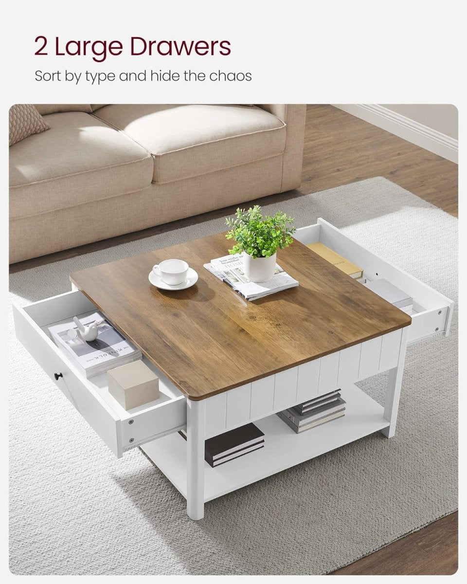 Salontafel met Lade - Bruin tafelblad - Wit onderstel - Koffietafel - 80 x 80 cm