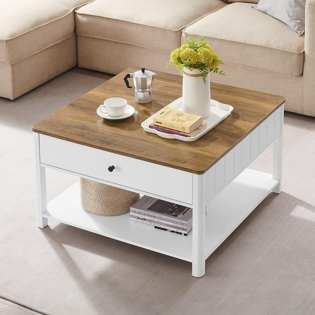 Salontafel met Lade - Bruin tafelblad - Wit onderstel - Koffietafel - 80 x 80 cm
