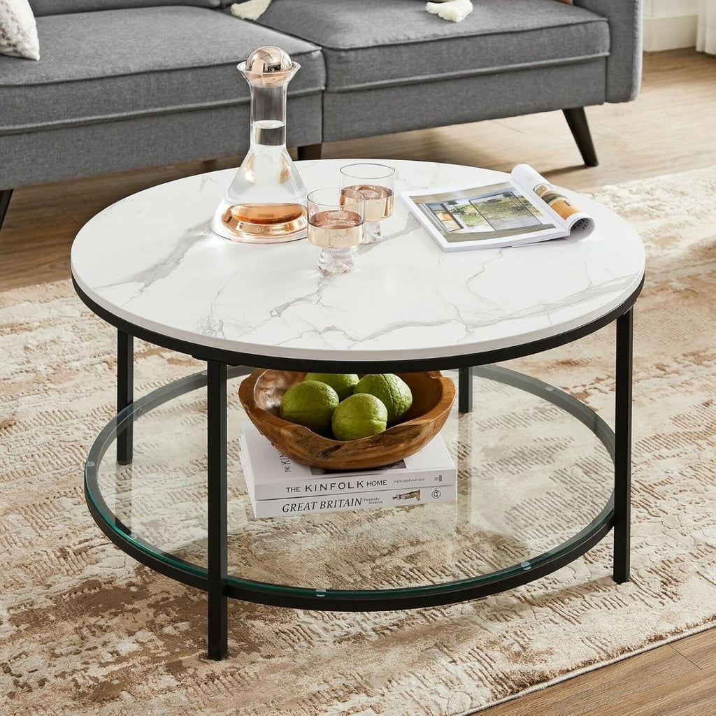 Ronde Salontafel Marmerlook – Met Glazen Onderblad – 2 Niveaus – Zwarte Stalen Poten – voor Woonkamer