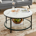 Ronde Salontafel Marmerlook – Met Glazen Onderblad – 2 Niveaus – Zwarte Stalen Poten – voor Woonkamer