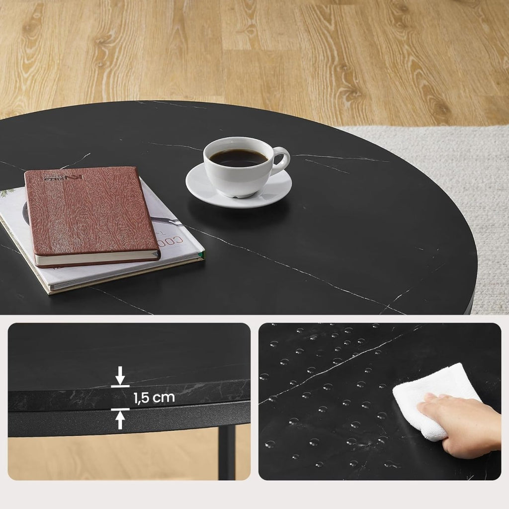 Ronde Salontafel Marmerlook – Met Glazen Onderblad – 2 Niveaus – Zwarte Stalen Poten – voor Woonkamer
