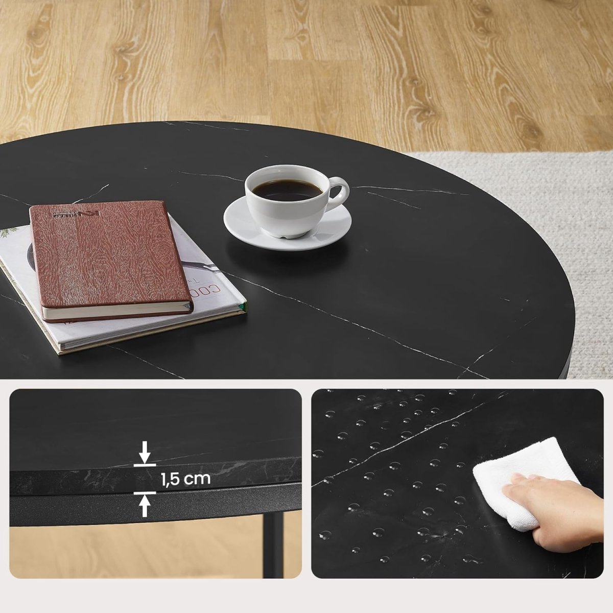 Ronde Salontafel Marmerlook – Met Glazen Onderblad – 2 Niveaus – Zwarte Stalen Poten – voor Woonkamer