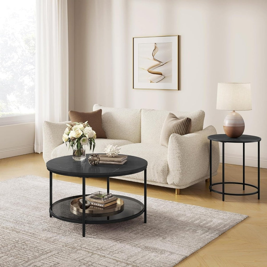 Ronde Salontafel Marmerlook – Met Glazen Onderblad – 2 Niveaus – Zwarte Stalen Poten – voor Woonkamer