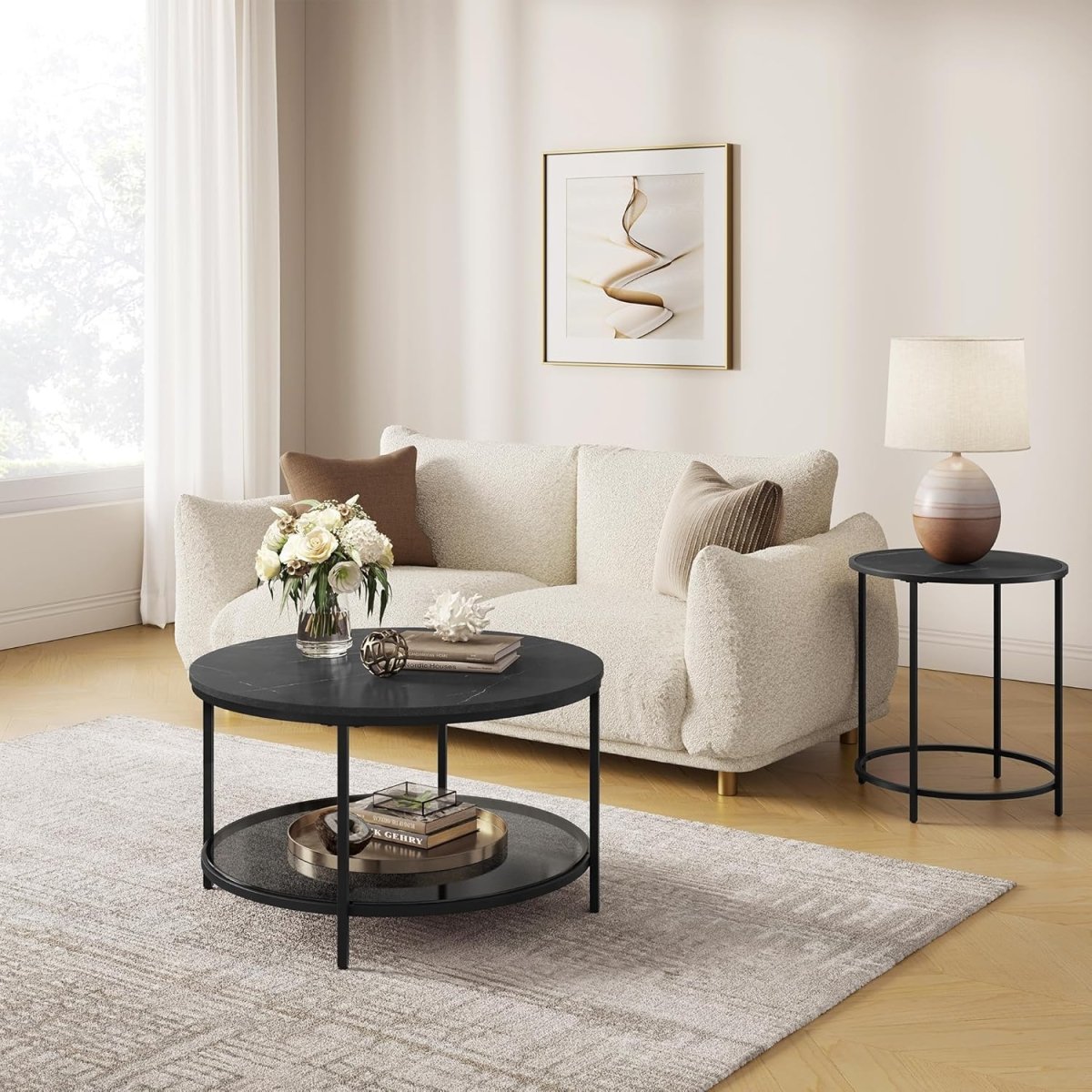 Ronde Salontafel Marmerlook – Met Glazen Onderblad – 2 Niveaus – Zwarte Stalen Poten – voor Woonkamer