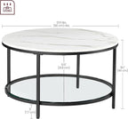 Ronde Salontafel Marmerlook – Met Glazen Onderblad – 2 Niveaus – Zwarte Stalen Poten – voor Woonkamer