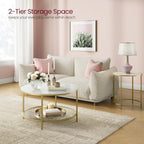 Ronde Salontafel Marmerlook – Met Glazen Onderblad – 2 Niveaus – Zwarte Stalen Poten – voor Woonkamer