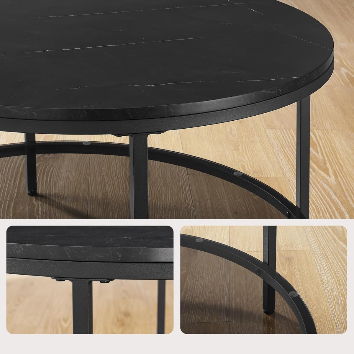 Ronde Salontafel Marmerlook – Met Glazen Onderblad – 2 Niveaus – Zwarte Stalen Poten – voor Woonkamer