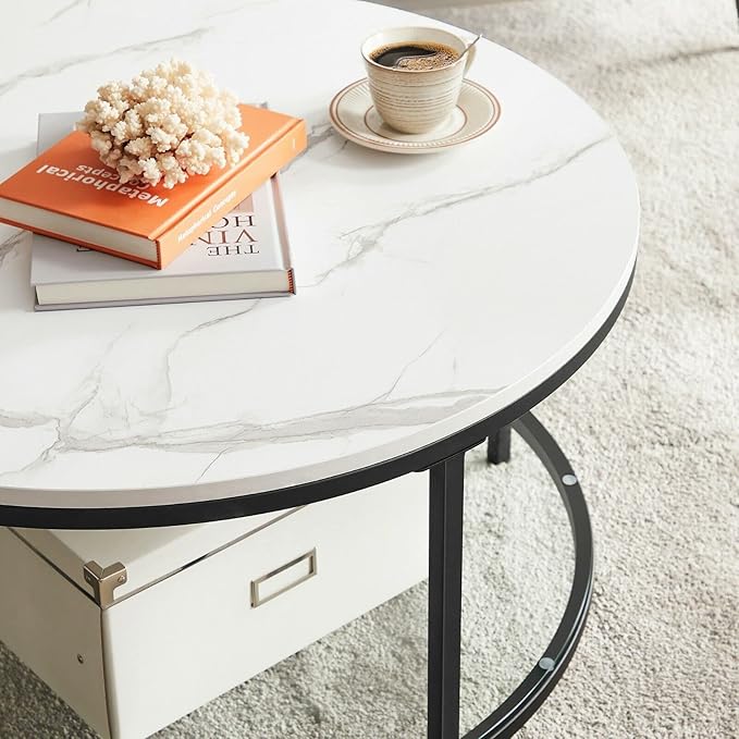 Ronde Salontafel Marmerlook – Met Glazen Onderblad – 2 Niveaus – Zwarte Stalen Poten – voor Woonkamer
