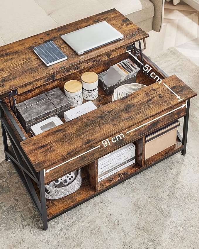 Salontafel met Opbergruimte – Lift-Top in Hoogte Verstelbaar Blad – Industrieel – voor Woonkamer