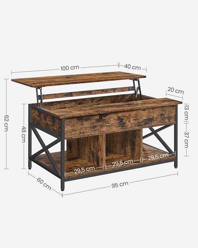 Salontafel met Opbergruimte – Lift-Top in Hoogte Verstelbaar Blad – Industrieel – voor Woonkamer