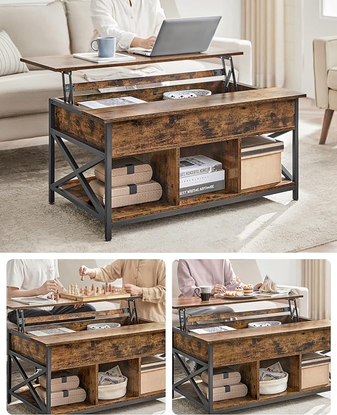 Salontafel met Opbergruimte – Lift-Top in Hoogte Verstelbaar Blad – Industrieel – voor Woonkamer