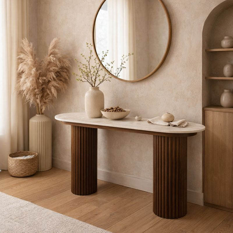 Urban Chique Bijzettafel – Keramisch Marmer / Walnootfineer – 130 x 40 x 72 cm – Modern Design – Natuurlijke ElegantIe