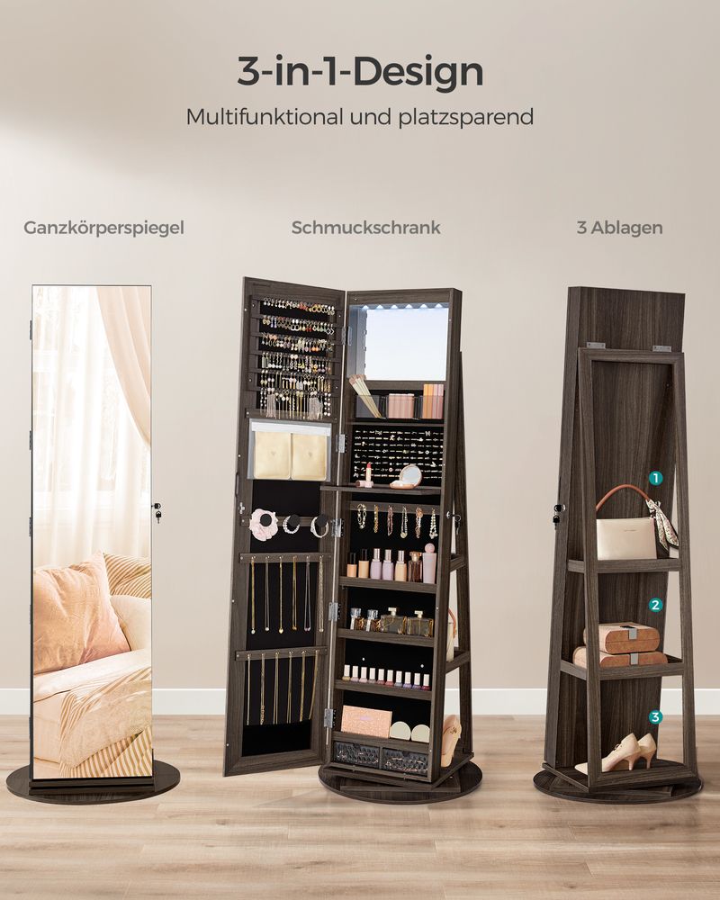 Sieradenkast met Spiegel – 360° Draaibaar – Afsluitbaar met Slot – Staande Sieradenorganizer voor Slaapkamer