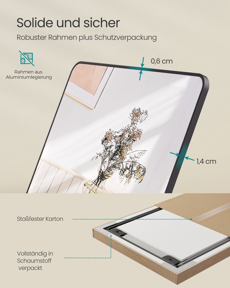 Staande Spiegel 160 x 50 cm – Rechthoekig Design – Vrijstaand of Wandmontage