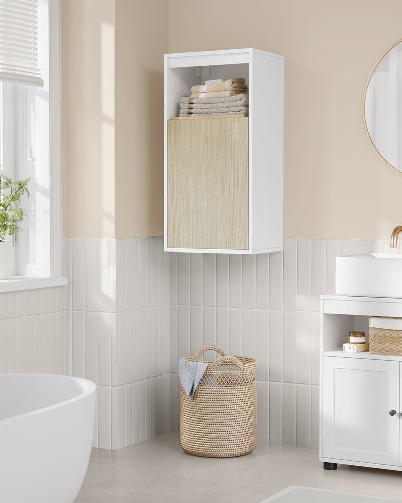Wandkast voor de Badkamer – Wit & Natuurlijk Beige – 30 x 40 x 80 cm