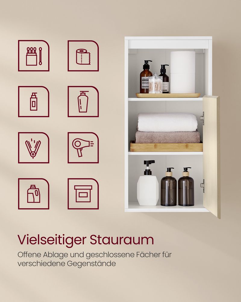 Wandkast voor de Badkamer – Wit & Natuurlijk Beige – 30 x 40 x 80 cm