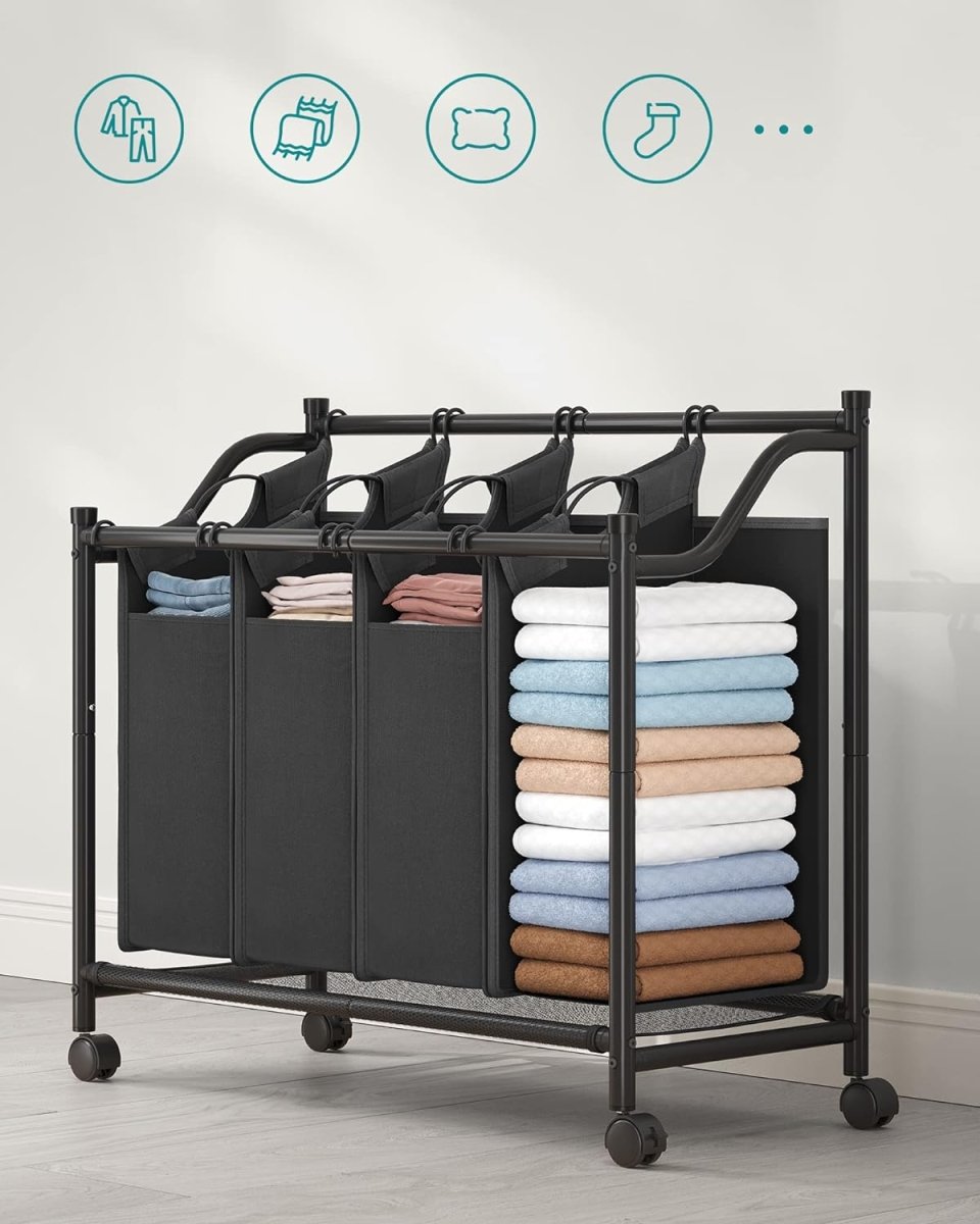 Wasmand met 4 Afneembare Zakken - Wasverzamelaar - met Wieltjes - Wasscheiding
