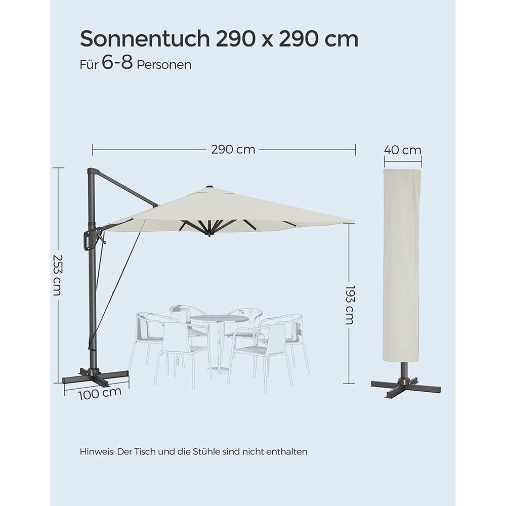 Zweefparasol 290 x 290 cm – 360° Draaibaar – Verstelbare Hellingshoek – UPF 50+ – Met Standaard En Beschermhoes
